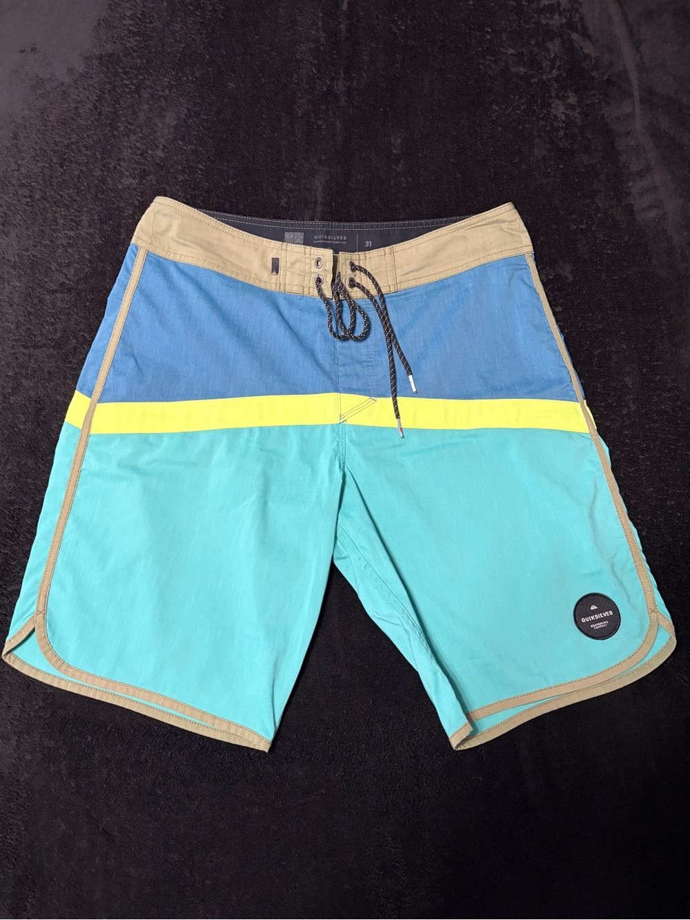 Quiksilver Aqua and Blue Boardshorts with Yellow Stripe